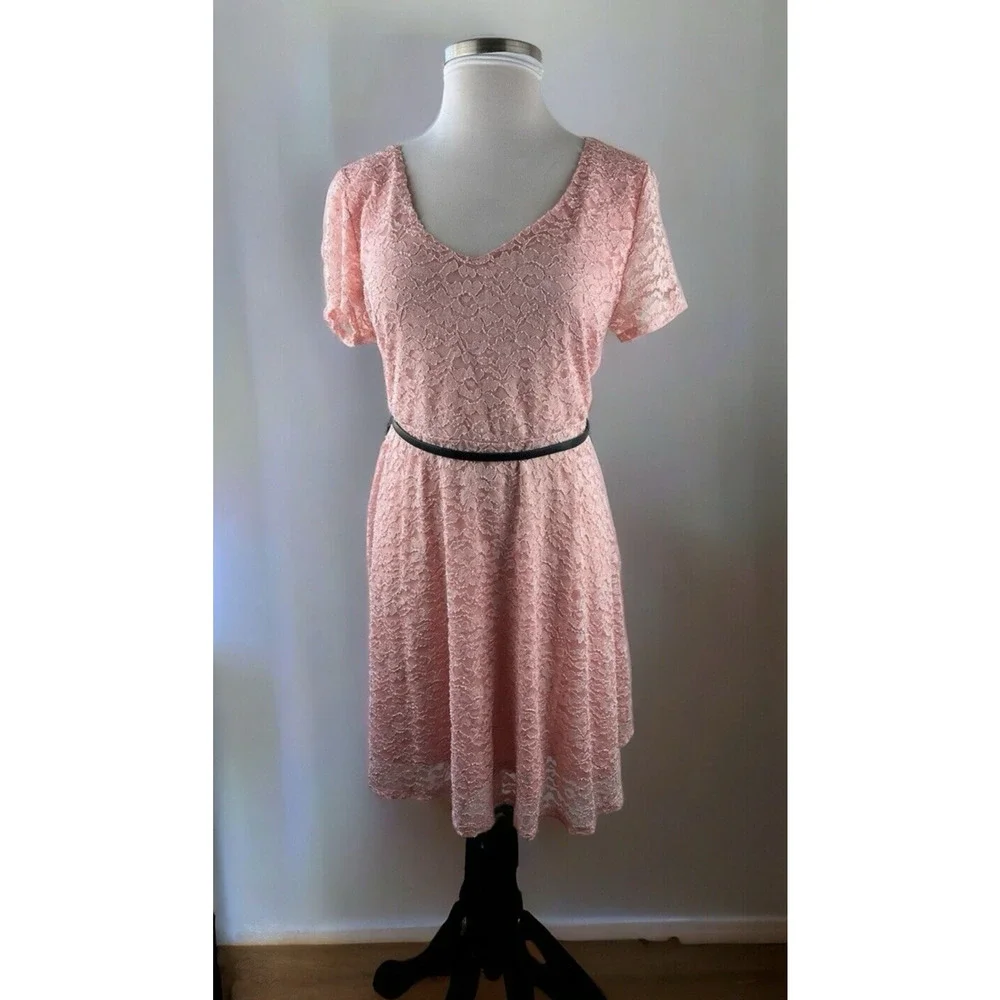 Torrid Sparkle Lace Skater Dress Belted V-Neck Pink Plus Size 2 2X *Read H13562 - Picture 15 of 16